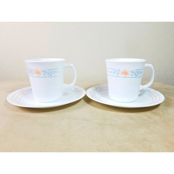 Corelle Teacup & Saucers Corning Apricot Grove Fine China USA x2 Vintage - Picture 6 of 15